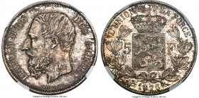 Leopold II 5 Francs 1876 MS65 NGC, Brussels mint, KM24, Dav-53. Admirably preserved, this appealing gem features a gently laid graphite tone over refl...