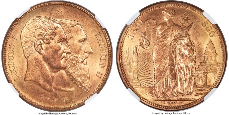 Leopold II copper Pattern 5 Francs 1880 MS66 Red NGC, Brussels mint, KM-X8a. Iss...