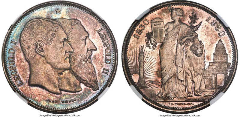 Leopold II silver Medallic 5 Francs 1880 MS65+ NGC Brussels mint, KM-X8. Mintage...