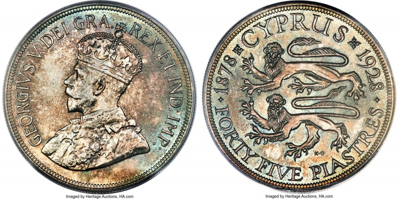 British Colony. George V 45 Piastres (5 Shillings) 1928 MS65+ PCGS, London mint,...