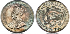 British Colony. George V 45 Piastres (5 Shillings) 1928 MS65+ PCGS, London mint, KM19, Dav-242. Tinted with touches of lime and sea green, this praise...