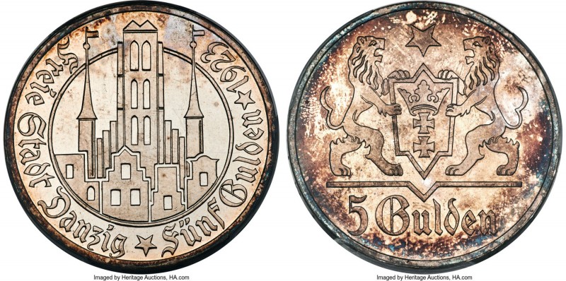Free City Proof 5 Gulden 1923 PR64 Cameo PCGS, KM147, Dav-68. Highly attractive,...
