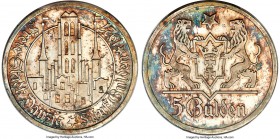 Free City Proof 5 Gulden 1927 PR64 Cameo PCGS, KM147, Dav-68. Produced as only a two-year type in 1923 and 1927, this near-gem survivor exhibits shimm...