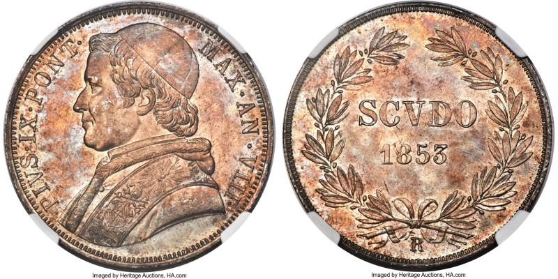Papal States. Pius IX Scudo Anno VIII (1853)-B MS64+ NGC, Bologna mint, KM1336.2...
