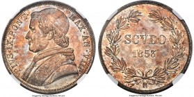 Papal States. Pius IX Scudo Anno VIII (1853)-B MS64+ NGC, Bologna mint, KM1336.2, Dav-194. Dressed in peach and silver tone against highly lustrous su...