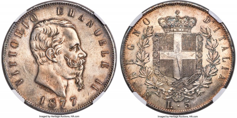 Vittorio Emanuele II 5 Lire 1877-R MS65 NGC, Rome mint, KM8.4. A rarely-seen gem...