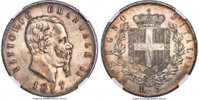 Vittorio Emanuele II 5 Lire 1877-R MS65 NGC, Rome mint, KM8.4. A rarely-seen gem representative of the type exhibiting well-balanced surface tone and ...