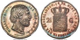 Willem III 2-1/2 Gulden 1870 MS66 NGC, Utrecht mint, KM82, Dav-236. One of only two examples of the date preserved at this peak level across NGC and P...