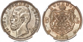 Carol I 5 Lei 1880-B MS65 NGC, KM12, Dav-272. Name near truncation. Essentially medallic in execution, with bold design features that soar over the fi...