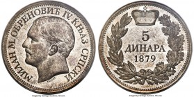 Milan I Proof 5 Dinara 1879 PR65 PCGS, Vienna mint, KM12, Dav-304. Type 1 edge lettering. Immensely visually appealing, the surfaces clad in smooth re...