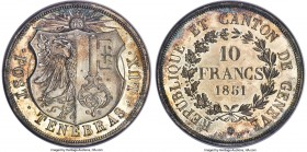 Geneva. Canton 10 Francs 1851 MS65 NGC, KM138, Häb-4, Richter-571a. Mintage: 1,000. Perhaps one of the most charming entries in the Swiss shooting 'ta...