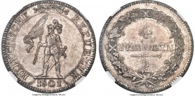 Helvetic Republic 4 Franken 1801-B MS66+ NGC Bern mint, KM-A10, Dav-1772, HMZ-2-1185h, Divo-5b. A stunning grade for this only two-year issue, and one...
