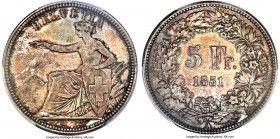 Confederation 5 Francs 1851-A MS66 PCGS, Paris mint, KM11, Dav-376. Olive and steel-toned with vivid shimmering luster enlivening the obverse and reve...
