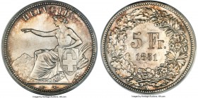 Confederation 5 Francs 1851-A MS65 PCGS, Paris mint, KM11, Dav-376. Displaying hard argent luster paired with a contrasting walnut tone overlying the ...