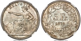 Confederation 5 Francs 1873-B MS68 NGC, Bern mint, KM11, HMZ-2-1197c. An offering that comes close to defining the very notion of perfection within th...