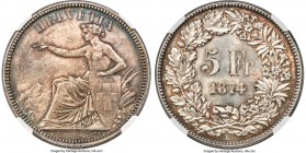 Confederation 5 Francs 1874-B MS66 NGC, Bern mint, KM11, HMZ-2-1197d. Conditionally superior for the issue, a balanced surface tone giving way to irid...
