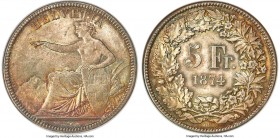 Confederation 5 Francs 1874-B MS66 NGC, Bern mint, KM11, HMZ-2-1197. No dot after "B". An inspiring type representative exhibiting a colorful bloom of...