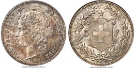 Confederation 5 Francs 1892-B MS65 NGC, Bern mint, KM34, Dav-392. Immensely lustrous and blanketed in soft clay-brown obverse tone. A satiny and sharp...