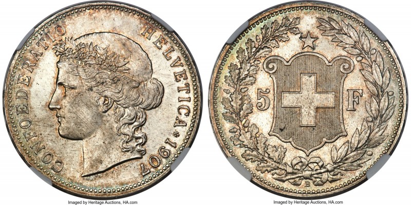 Confederation 5 Francs 1907-B MS66 NGC, Bern mint, KM34, HMZ-2-1198k. Very scarc...