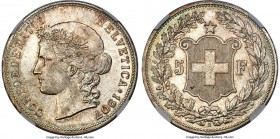 Confederation 5 Francs 1907-B MS66 NGC, Bern mint, KM34, HMZ-2-1198k. Very scarcely seen in so fine a technical designation, and, in fact, the only ex...