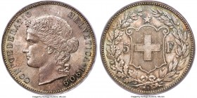 Confederation 5 Francs 1909-B MS66 PCGS, Bern mint, KM34, Dav-392. Of uncompromising quality for the type, the obverse decorated in an appealing dove-...