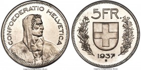Confederation Specimen 5 Francs 1937-B SP67 NGC, Bern mint, KM40, HMZ-2-1200e. A handsome and essentially problem-free coin, clearly struck from a hea...
