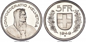 Confederation Specimen 5 Francs 1949-B SP67 PCGS, Bern mint, KM40, HMZ-2-1200i. A pristine representative displaying resounding reflectivity and needl...