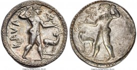 BRUTTIUM. Caulonia. Late 6th century BC. AR stater or nomos (30mm, 8.60 gm, 12h). NGC MS S 5/5 - 4/5, Fine Style. KAVΛ, full-length figure of nude Apo...