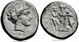 SICILY. Naxos. Ca. 410-405 BC. AR tetradrachm (26mm, 15.63 gm, 2h). NGC Choice VF 4/5 - 4/5. ΝΑΞΙΩΝ, head of Dionysus right, wreathed with ivy / Silen...