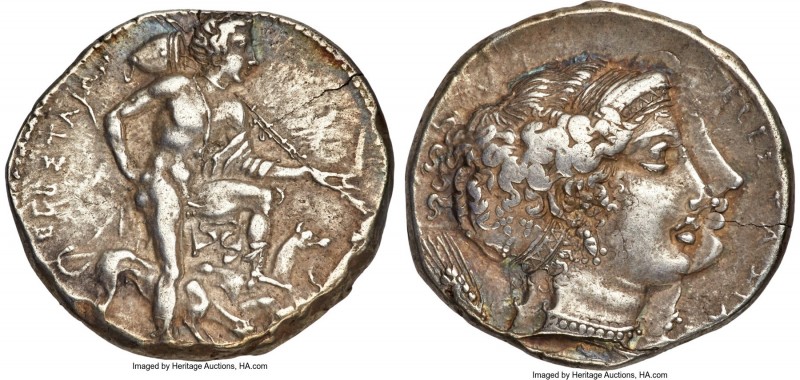 SICILY. Segesta. Ca. 405-400 BC. AR tetradrachm (27mm, 17.00 gm, 7h). NGC XF 3/5...