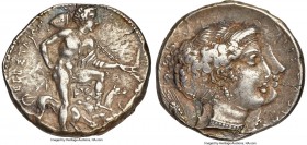 SICILY. Segesta. Ca. 405-400 BC. AR tetradrachm (27mm, 17.00 gm, 7h). NGC XF 3/5 - 4/5, Fine Style, die shift. ΕΓΕΣΤΑΙΩΝ, the hero Aegestes standing r...