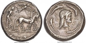 SICILY. Syracuse. Ca. 480-475 BC. AR tetradrachm (24mm, 17.40 gm, 5h). NGC Choice XF S 5/5 - 5/5, Fine Style. Charioteer driving walking quadriga righ...
