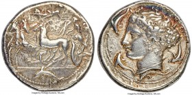 SICILY. Syracuse. Ca. 405-400 BC. AR tetradrachm (28mm, 17.10 gm, 3h). NGC XF 5/5 - 5/5, Fine Style. Unsigned dies by Kimon, ca. 400 BC. Charioteer dr...