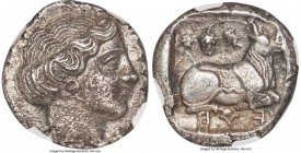 EUBOEAN ISLANDS. Eretria. Ca. 375-357 BC. AR stater (23mm, 12.17 gm, 5h). NGC AU 5/5 - 2/5. Head of nymph Euboea right, wearing earring, hair in waves...
