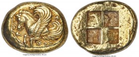 MYSIA. Lampsacus. Ca. 412 BC. EL stater (22mm, 15.00 gm). NGC AU 5/5 - 4/5. Forepart of winged horse left, surrounded by grapevine; Ξ below / Quadripa...