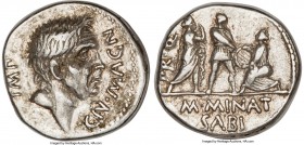 Cnaeus Pompeius Junior and M. Minatius Sabinus (46-45 BC). AR denarius (18mm, 3.96 gr, 6h). NGC XF 5/5 - 4/5. Spain. IMP-CN•MAGN, bare head of Cn. Pom...