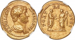 Hadrian (AD 117-138). AV aureus (20mm, 7.31 gm, 7h). NGC XF 5/5 - 4/5, Fine Style. Rome, AD 133-135. HADRIANVS-AVG COS III P P, bare headed, draped bu...