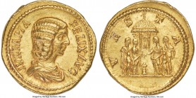 Julia Domna (AD 193-217). AV aureus (20mm, 7.41 gm, 1h). NGC AU 5/5 - 4/5. Rome, AD 215. IVLIA PIA-FELIX AVG, draped bust of Julia Domna right, seen f...