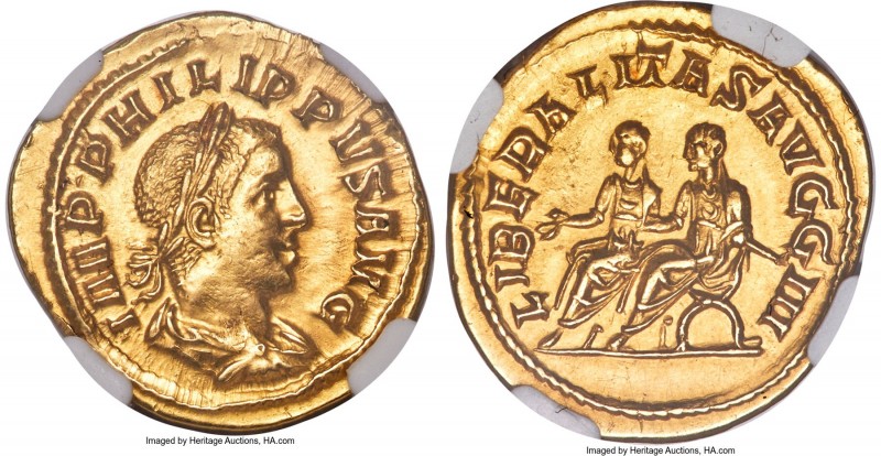 Philip II, as Augustus (AD 247-249). AV aureus (20mm, 4.70 gm, 1h). NGC Choice A...