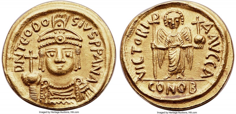 Theodosius (AD 590-602). AV solidus (17mm, 4.44 gm, 6h). NGC MS S 5/5 - 5/5. Car...