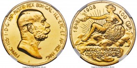Franz Joseph I gold Proof 100 Corona 1908 PR64 Cameo NGC, Kremnitz mint, KM2812, Fr-514. A formidable Proof offering of this iconic "Lady in the Cloud...