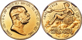 Franz Joseph I gold Proof 100 Corona 1908 PR62 NGC, Kremnitz mint, KM2812, Fr-514. A boldly rendered representative of this instantly recognizable typ...