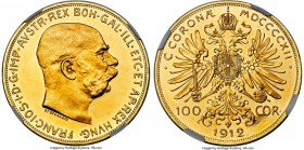 Franz Joseph I gold Proof 100 Corona 1912 PR62 Ultra Cameo NGC, Vienna mint, KM2819, Fr-507. A handsome rendition of this large-scale gold crown combi...