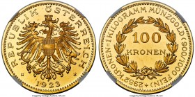 Republic gold Proof 100 Kronen 1923 PR64 Ultra Cameo NGC, Vienna mint, KM2831, Fr-518. Designed by Richard Placht. An engaging representative of this ...