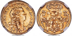 João V gold 800 Reis 1750-B AU55 NGC, Bahia mint, KM123, LMB-115. Crudely struck but with bold design features and considerable mint luster, a faint X...