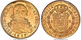 Ferdinand VII gold 8 Escudos 1817/8 So-FJ MS64 NGC, Santiago mint, KM78, Fr-29, Onza-Unl. An absolutely choice conditional survivor that exudes lustro...