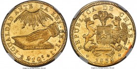 Republic gold 8 Escudos 1838 So-IJ MS63 S NGC, Santiago mint, KM93, Onza-1637. Produced to a standout quality for this unique "Constitution" type, thi...