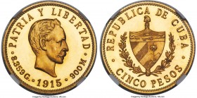 Republic gold Proof 5 Pesos 1915 PR66 Cameo NGC, Philadelphia mint, KM19, Fr-4. Mintage: 50. An elite gem specimen of this scarce Proof issue, which s...