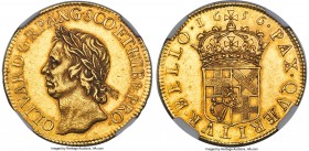 Oliver Cromwell gold Pattern Broad of 20 Shillings 1656 AU58 NGC, KM-Pn25, S-3225, W&R-39. Lustrous, sharp, and expressing a bright mint flash that ca...