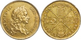 Charles II gold 5 Guineas 1673 AU55 PCGS, KM430.1, S-3328, Schneider-Unl. An exquisite type representative that very nearly appears Mint State in hand...